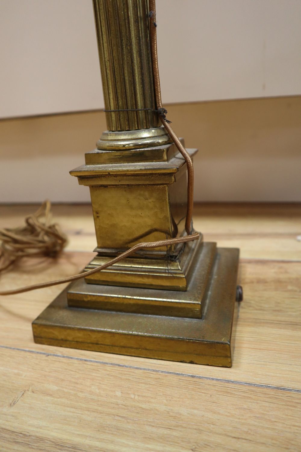 A Victorian brass stem oil lamp, height 58cm excl light fitting